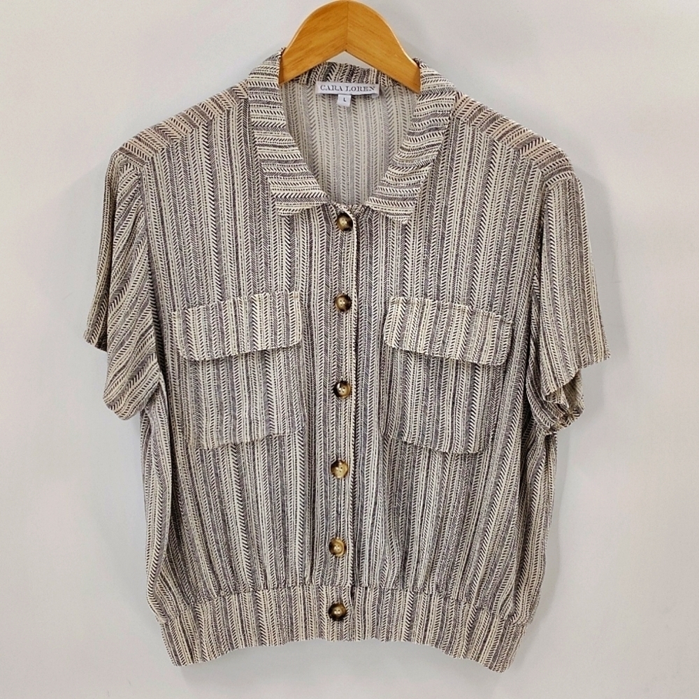 Cara Loren Women's Button Up Striped Blouse Large Cream Black Crop Top